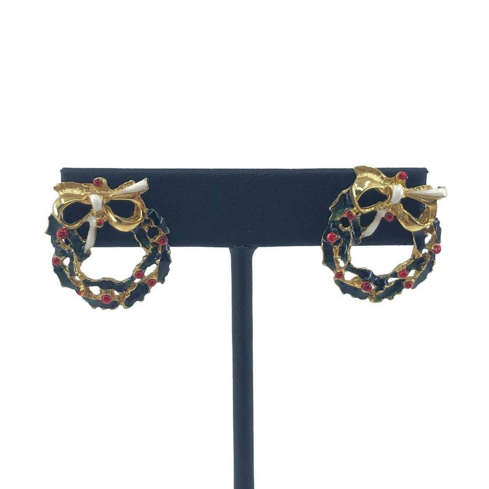 Vintage Enamel Christmas Wreath Post Earrings